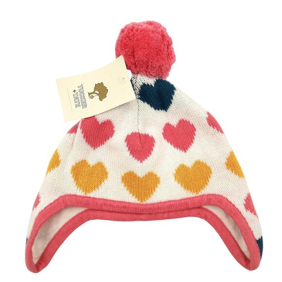 Tucker + Tate Baby Girl Pink/Ivory Sweet Hearts Knit Egret Earflap Hat 0-12M - Picture 1 of 3